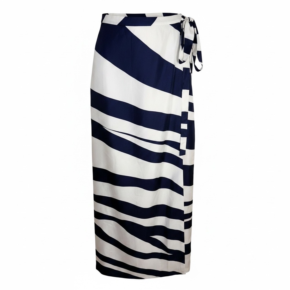 Raoul Skirt Womens 10 Blue White Stripe Abstract Zebra Wrap Maxi Side Tie Silk